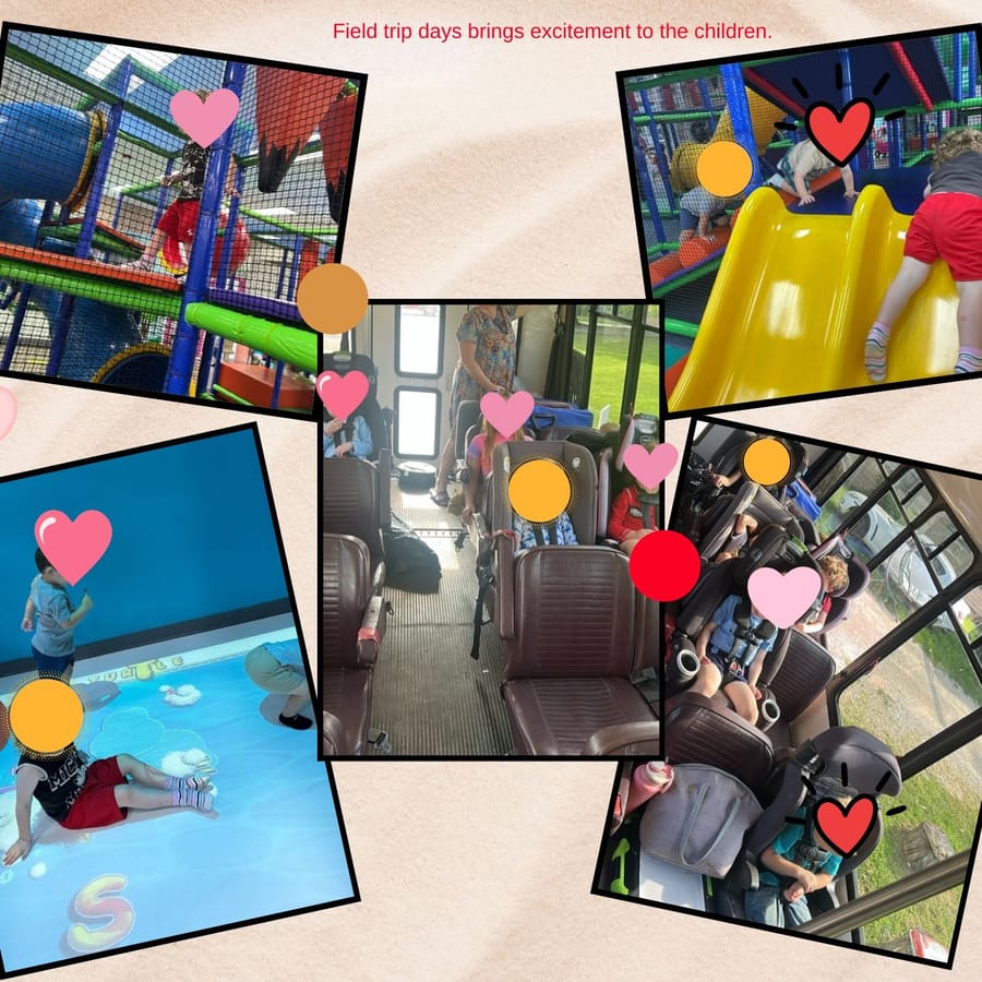 A collage of In His Care field-trip days: children on the bus in safety seats, indoor play places, and a splash pad